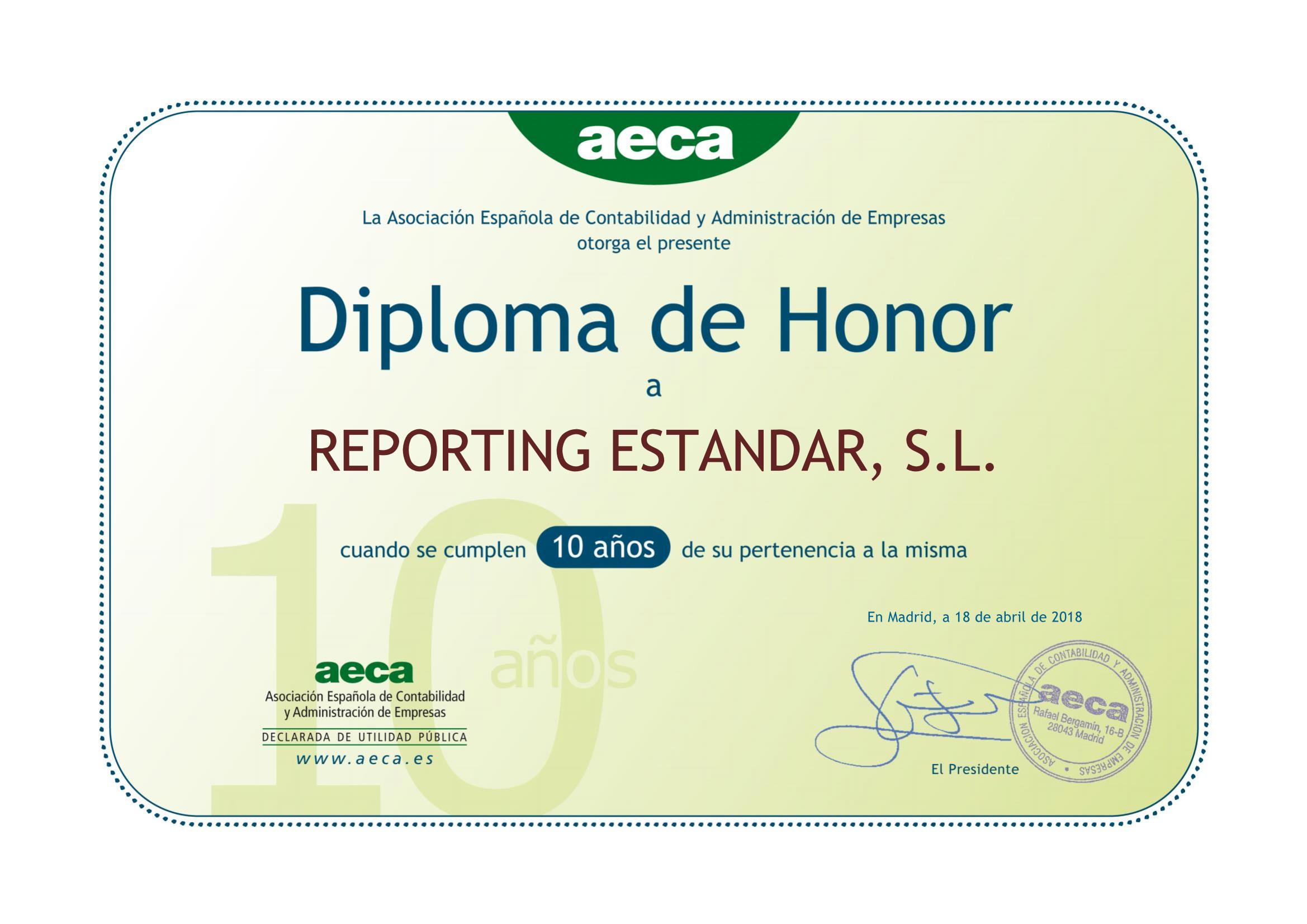 AECA otorga el diploma de honor a Reporting Standard tras una colaboración de 10 años