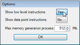 Ventana del plug-in de Excel que muestra las opciones avanzadas del lenguaje XBRL DTS: RAM usada, mostrar instrucciones de bajo nivel y mostrar instrucciones Data Point
