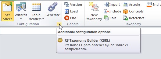 Botón del plug-in de Excel que muestra la ventana de opciones avanzadas del lenguaje XBRL DTS 