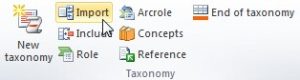 Vista del plugin del Excel. En la seccion de "Taxonomy" se encuentra el boton "IMPORT"