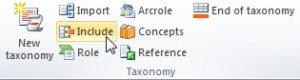 Vista del plugin del Excel. En la seccion de "Taxonomy" se encuentra el boton "INCLUDE"