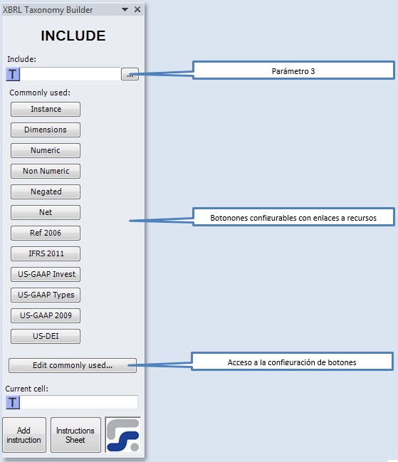 La ventana para definir los parametros de la instruccion INCLUDE