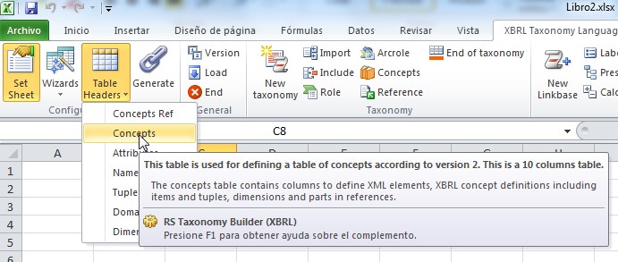 Como crear una tabla de conceptos de la taxonomía en Excel