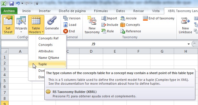 Excel XBRL Taxonomy Language - Instrucción Insertar Tabla de Tupla