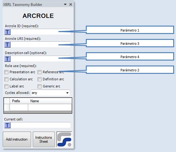 La ventana para definir los parámetros de la instrucción ARCROLE instruccion para crear arcos de roles XBRL