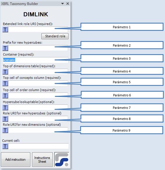 La ventana para definir los parámetros de la instrucción DIMLINK instruccion para crear Linkbases de dimensión XBRL