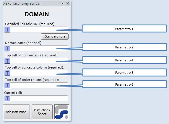 La ventana para definir los parámetros de la instrucción DOMAIN instrucción para crear dominios XBRL