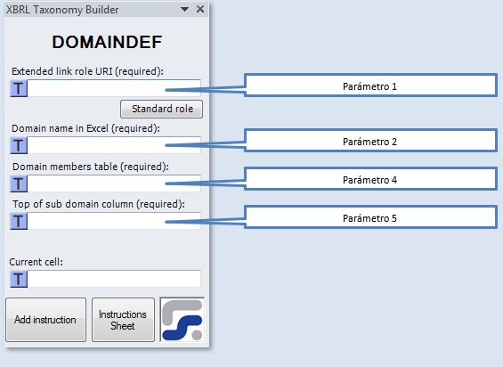 La ventana para definir los parámetros de la instrucción DOMAINDEF instrucción para crear dominios XBRL