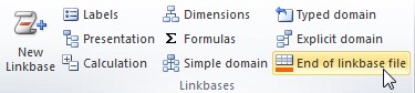 Vista del plugin de Excel. En la sección de "Linkbases" se encuentra el boton "End of Linkbase file" instruccion para crear una nueva linkbase