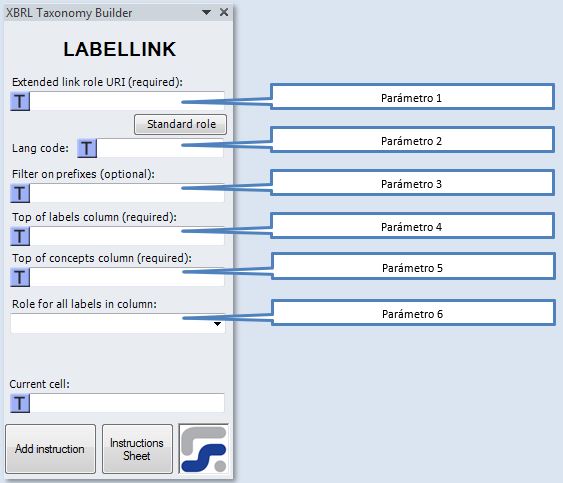 La ventana para definir los parametros de la instruccion LABELLINK instruccion para crear Linkbases de etiquetas XBRL