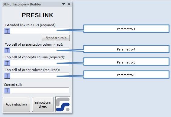 La ventana para definir los parametros de la instruccion PRESLINK instruccion para crear Linkbases de presentación XBRL