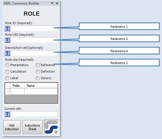 La ventana para definir los parámetros de la instrucción ROLE instruccion para crear roles XBRL