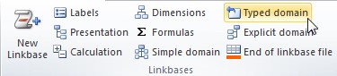 Vista del plugin de Excel. En la sección de "Linkbases" se encuentra el boton "Typed Domain" instruccion para crear una dimensión tipada