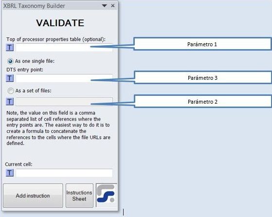 La ventana para definir los parámetros de la instrucción VALIDATE instrucción para validar un DTS antes de su creación