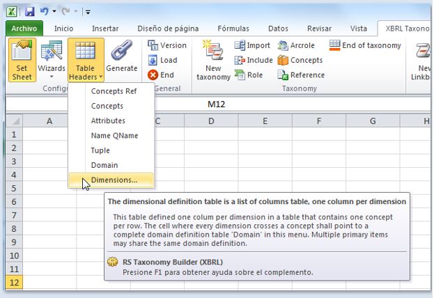 Vista del plugin de Excel. En la sección de "Configuration" se encuentra el boton "Table Headers". Si seleccionamos la opción Domain se nos creara la cabecera de la tabla necesaria para la instruccion DOMAINDEF